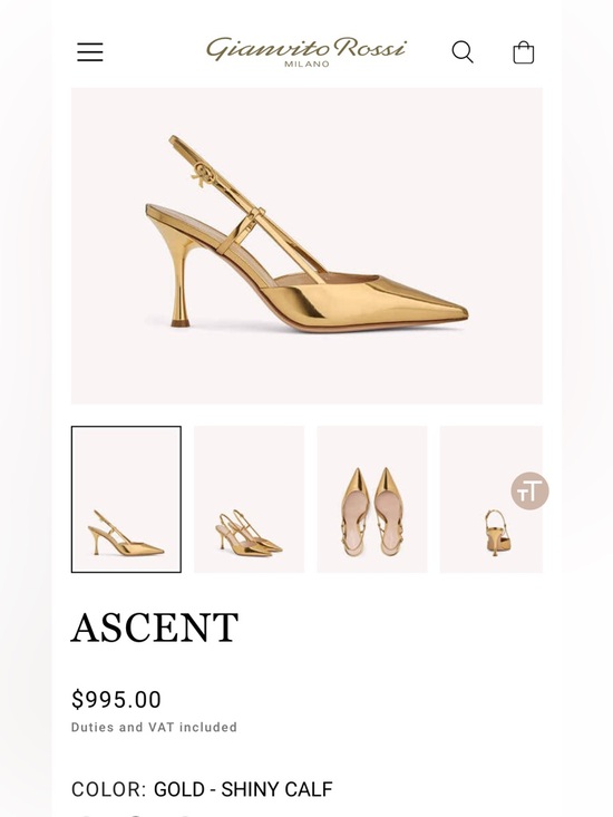 Gianvito Rossi Ascent Metallic Gold Pointed Slingback Heels, 38 (7.5), EUC